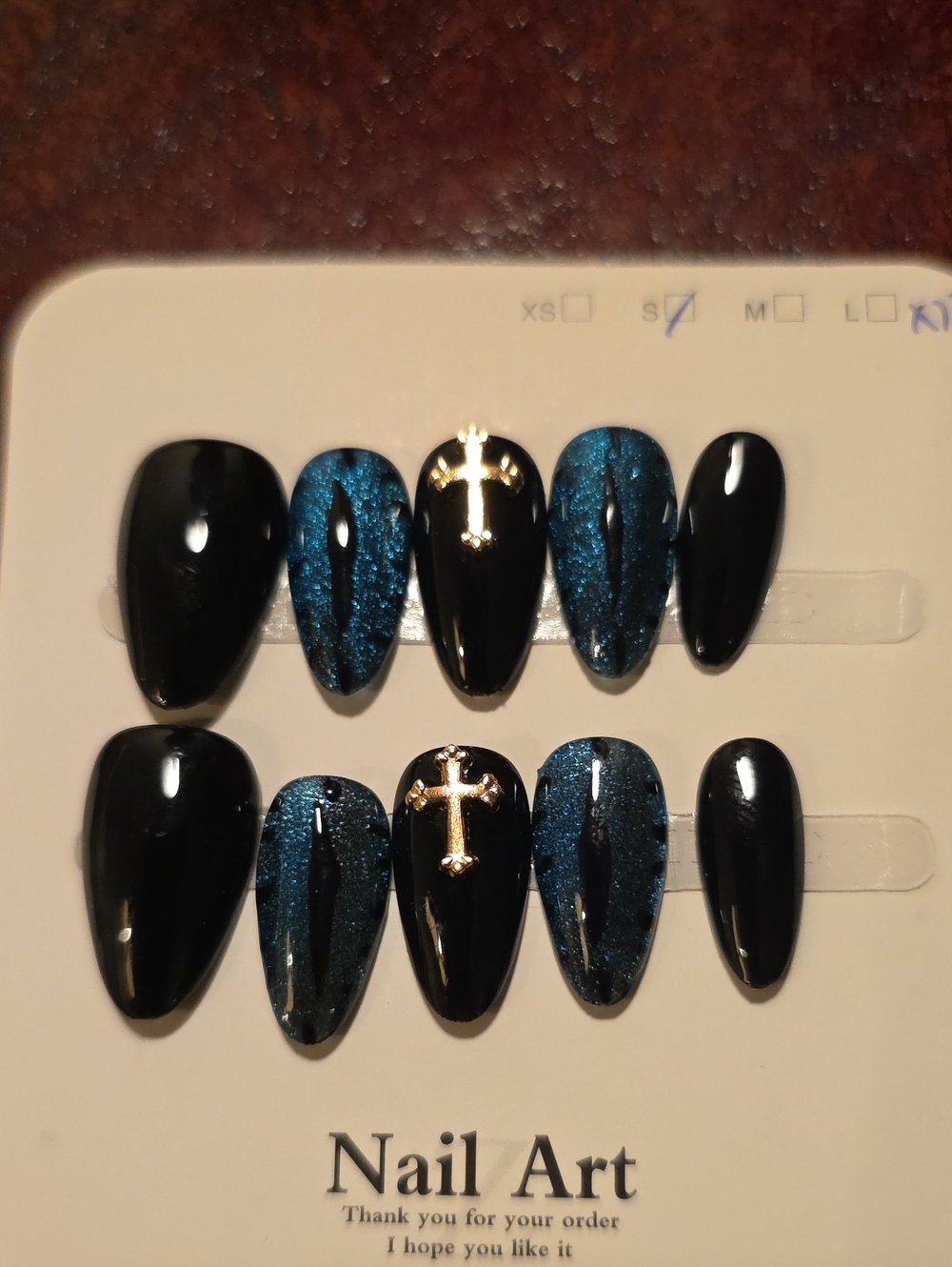 Stylish Black & Teal Press-On Nail Set with Gold Cross Accent Size Small